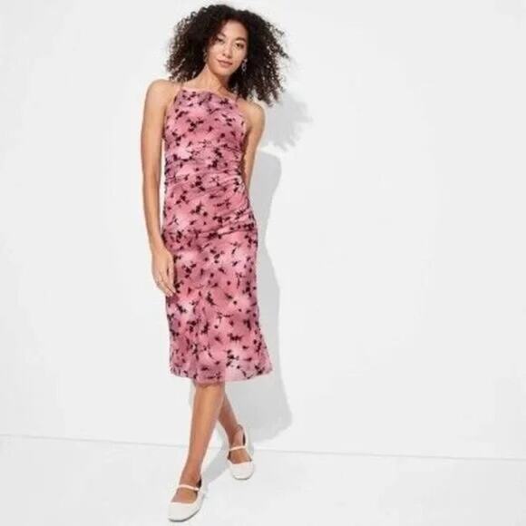 Wild Fable Pink Black Floral‎ Mesh Party Y2K Vibes Crisscross Midi Dress Size XL - Picture 1 of 11